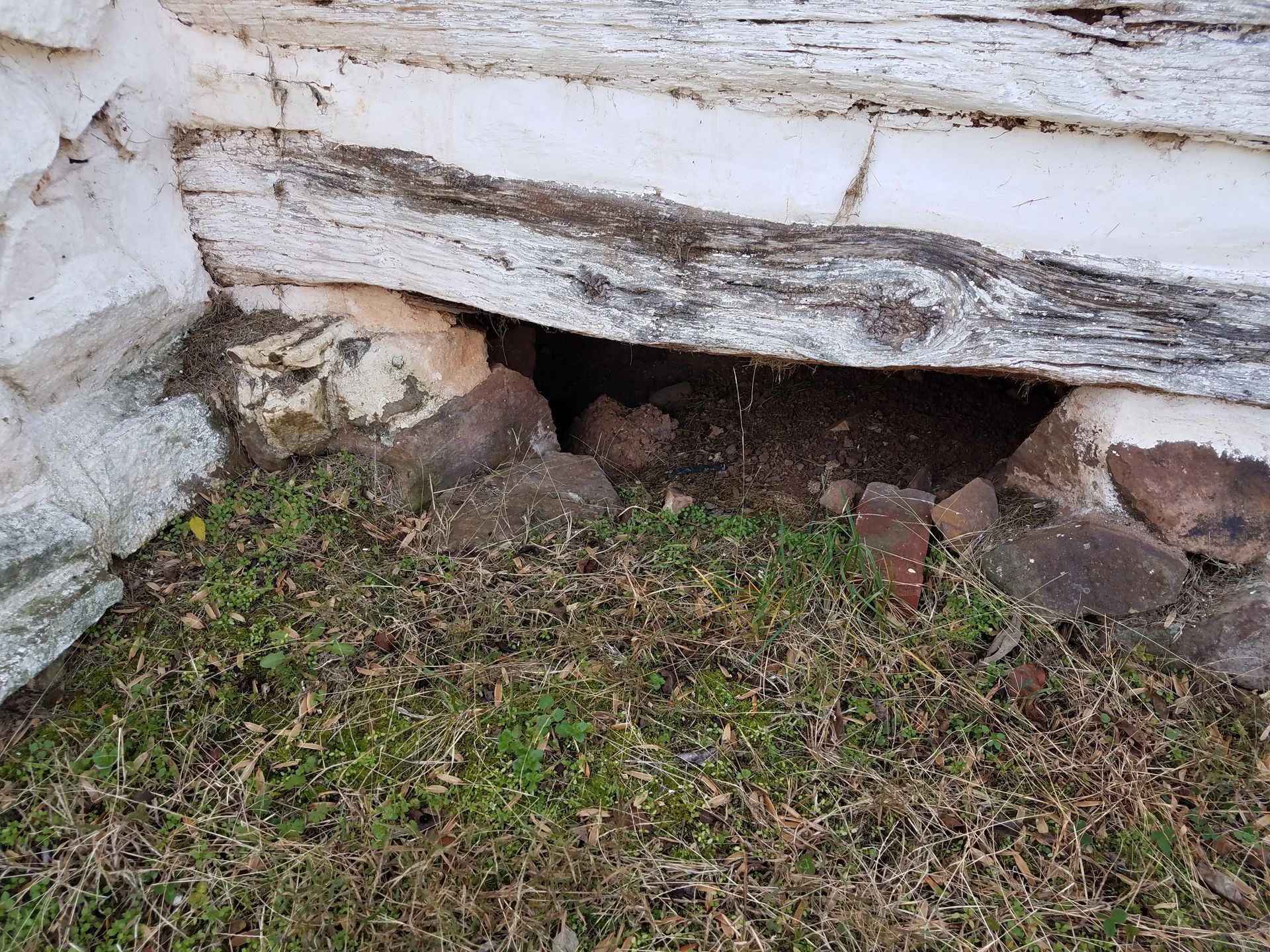 Weathered white wooden siding with a small gap showing bricks and stones near the ground, bordered by grass.