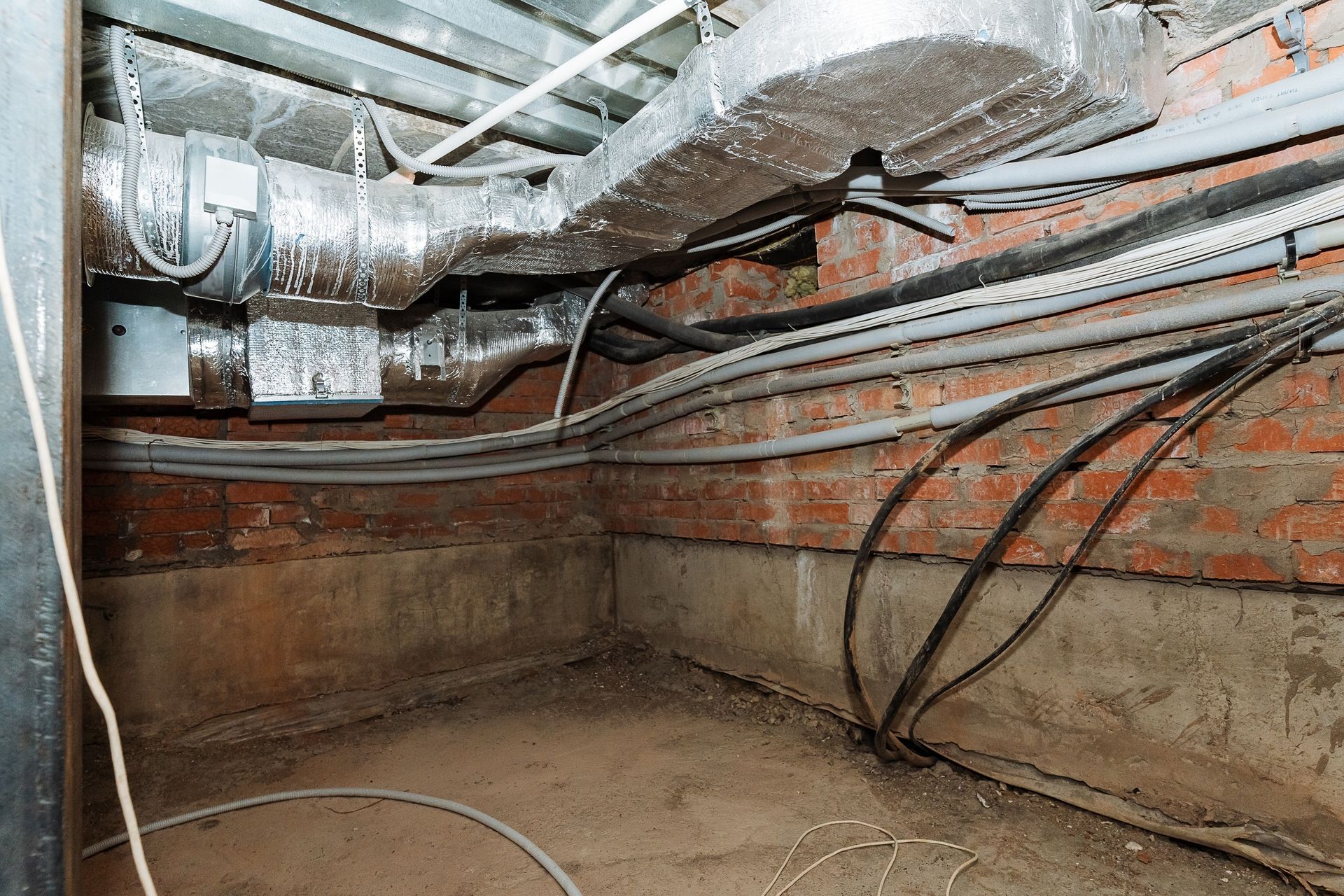Basement crawlspace with exposed ductwork, pipes, and wiring above concrete walls and floor.