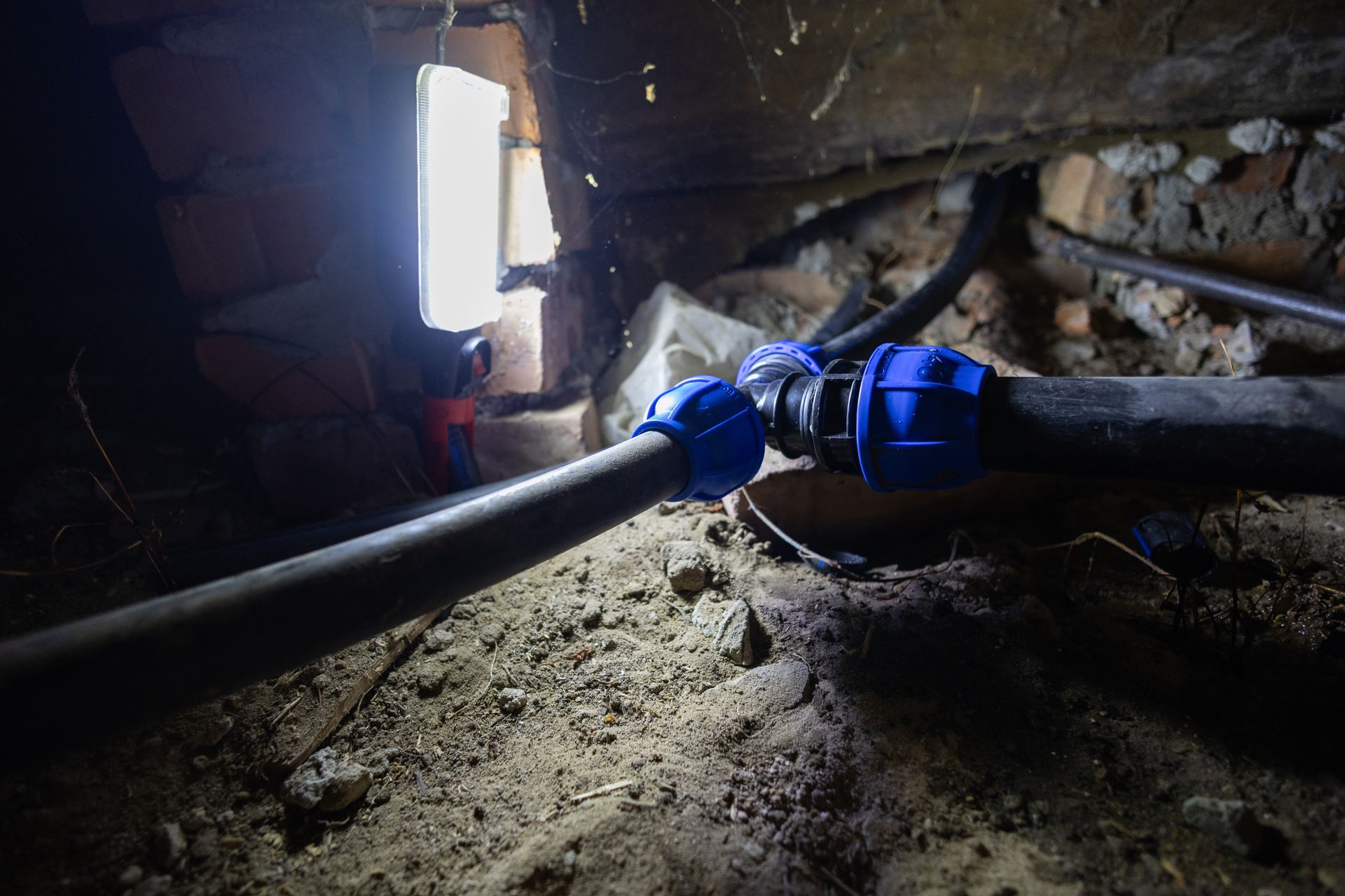 Blue pipe fittings connected to a hose in a dim crawlspace, lit by a bright work light.