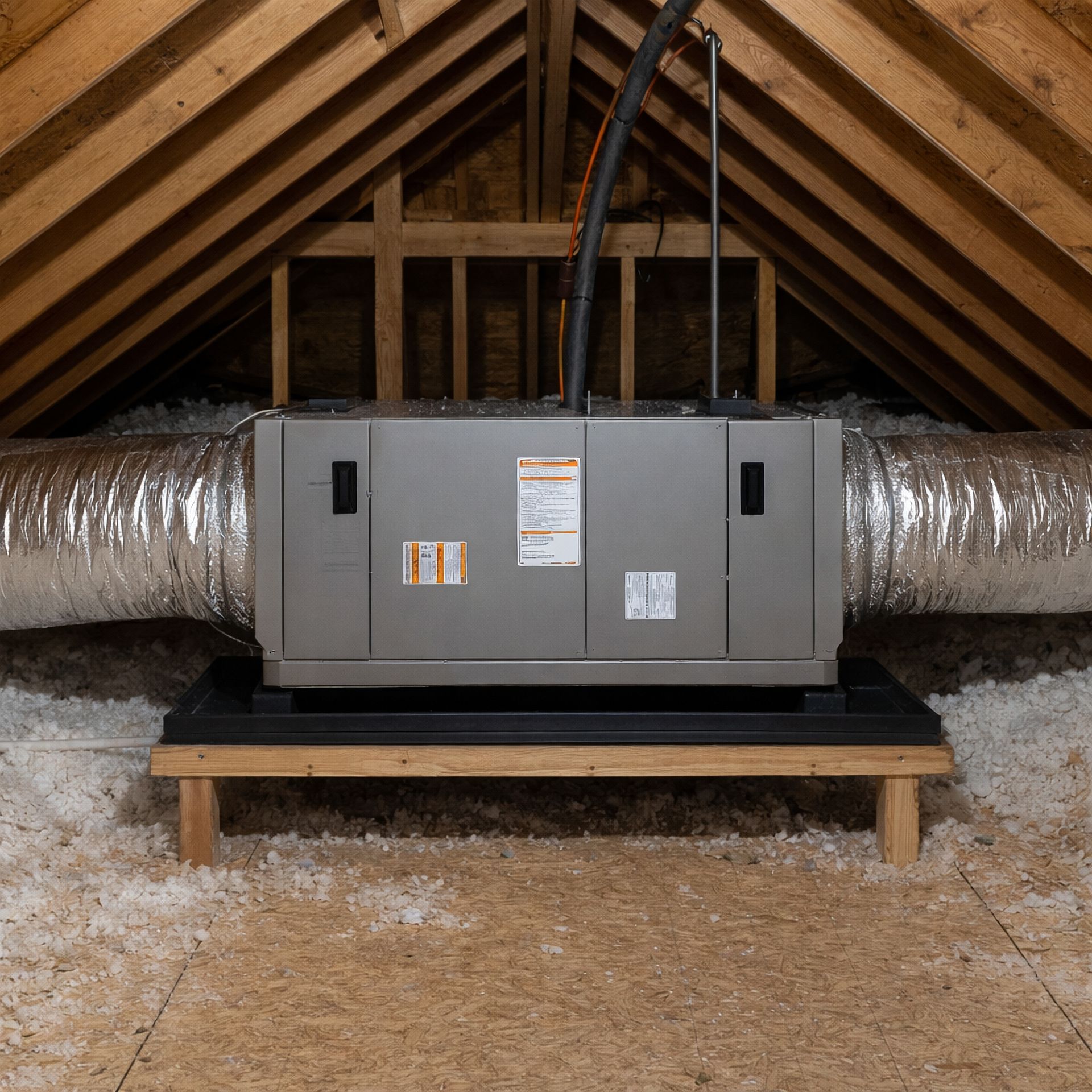 Gray HVAC unit installed on a platform in an attic, with insulated ducts and exposed rafters.