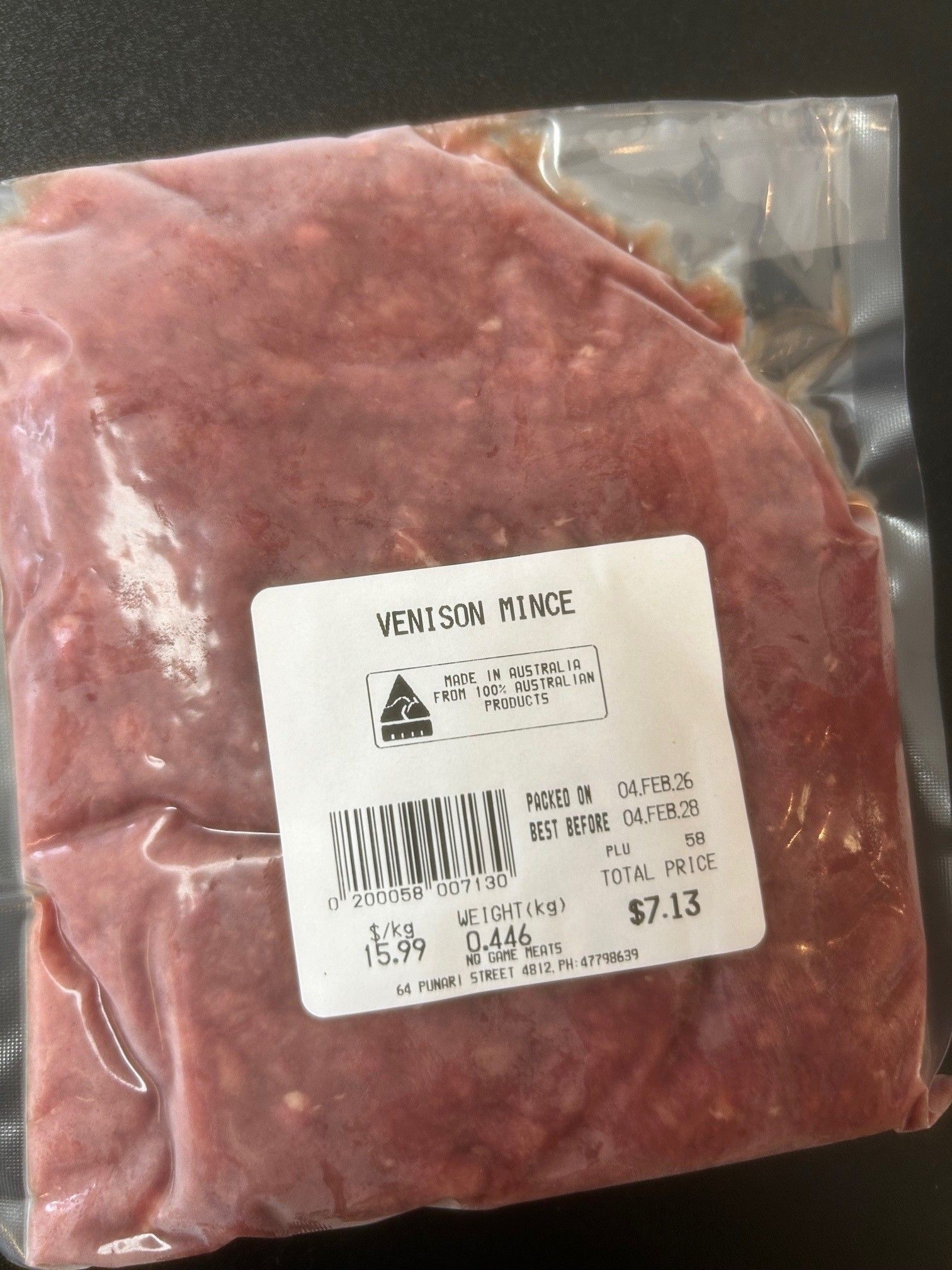 Venison mince in a plastic bag with a label showing the product name, weight, and price — NQ GAME MEAT in Currajong, QLD