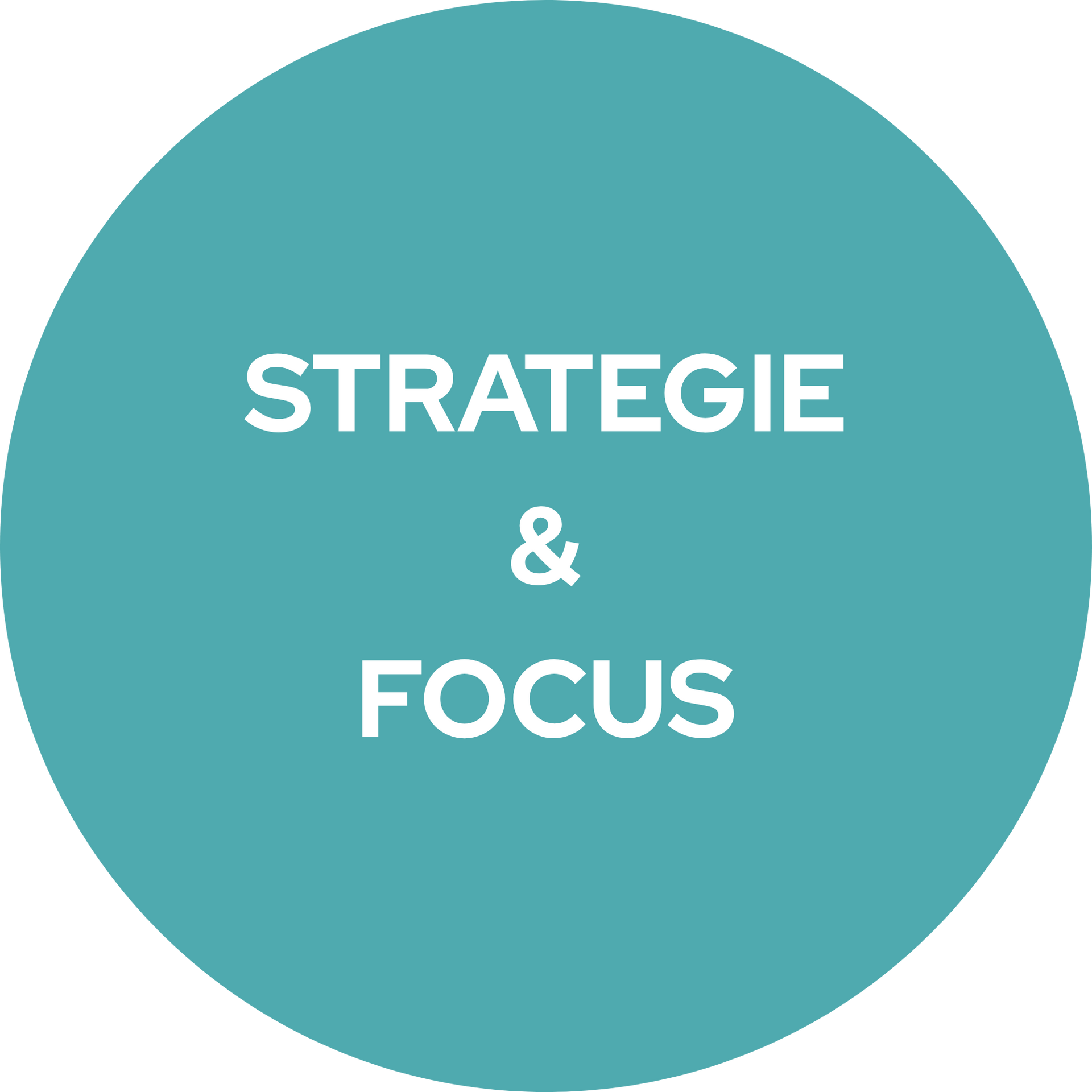 Turquoise cirkel met witte tekst: “STRATEGIE & FOCUS”