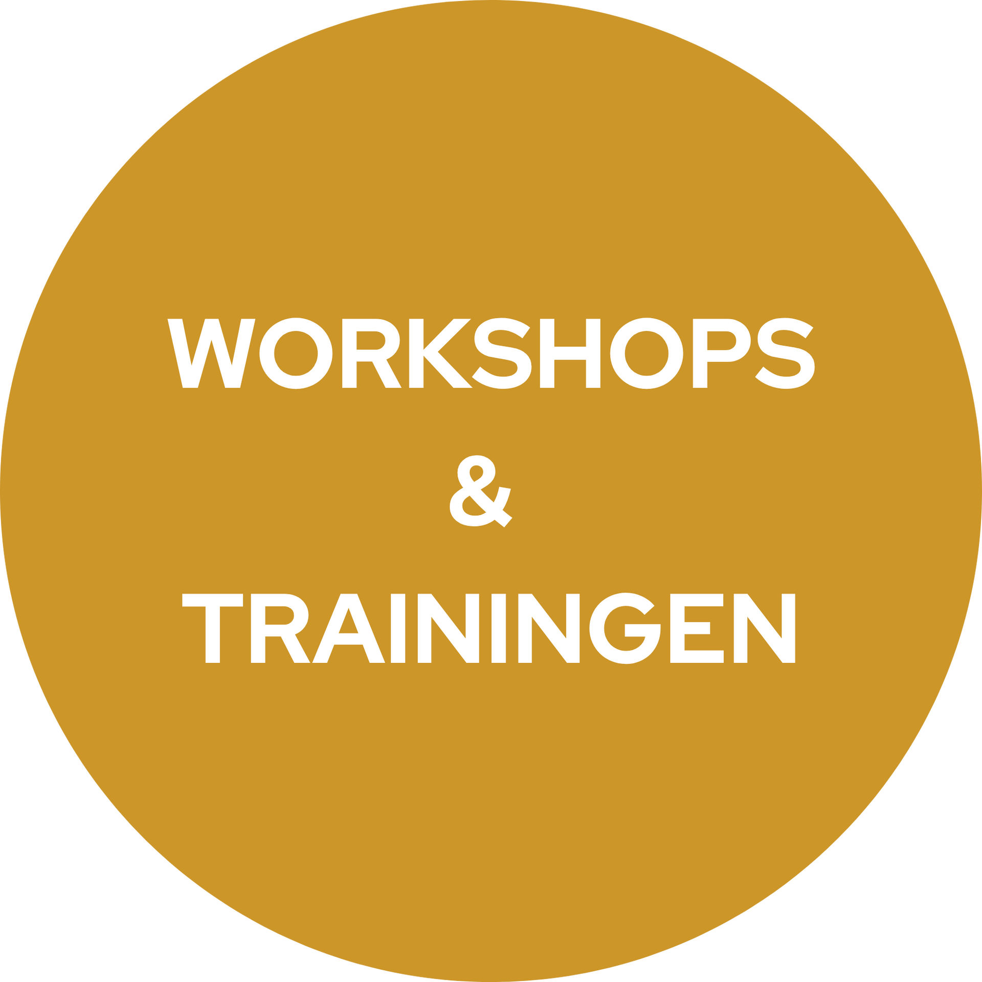 Gouden cirkel met witte tekst: “WORKSHOPS & TRAININGEN”
