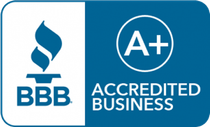 A blue and white logo that says bbb accredited business