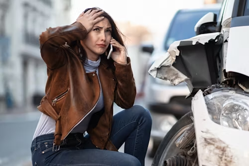 A woman is talking on a cell phone in front of a damaged car.