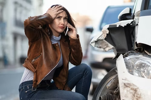 Woman on phone at car accident scene, hand on head, damaged car in foreground.