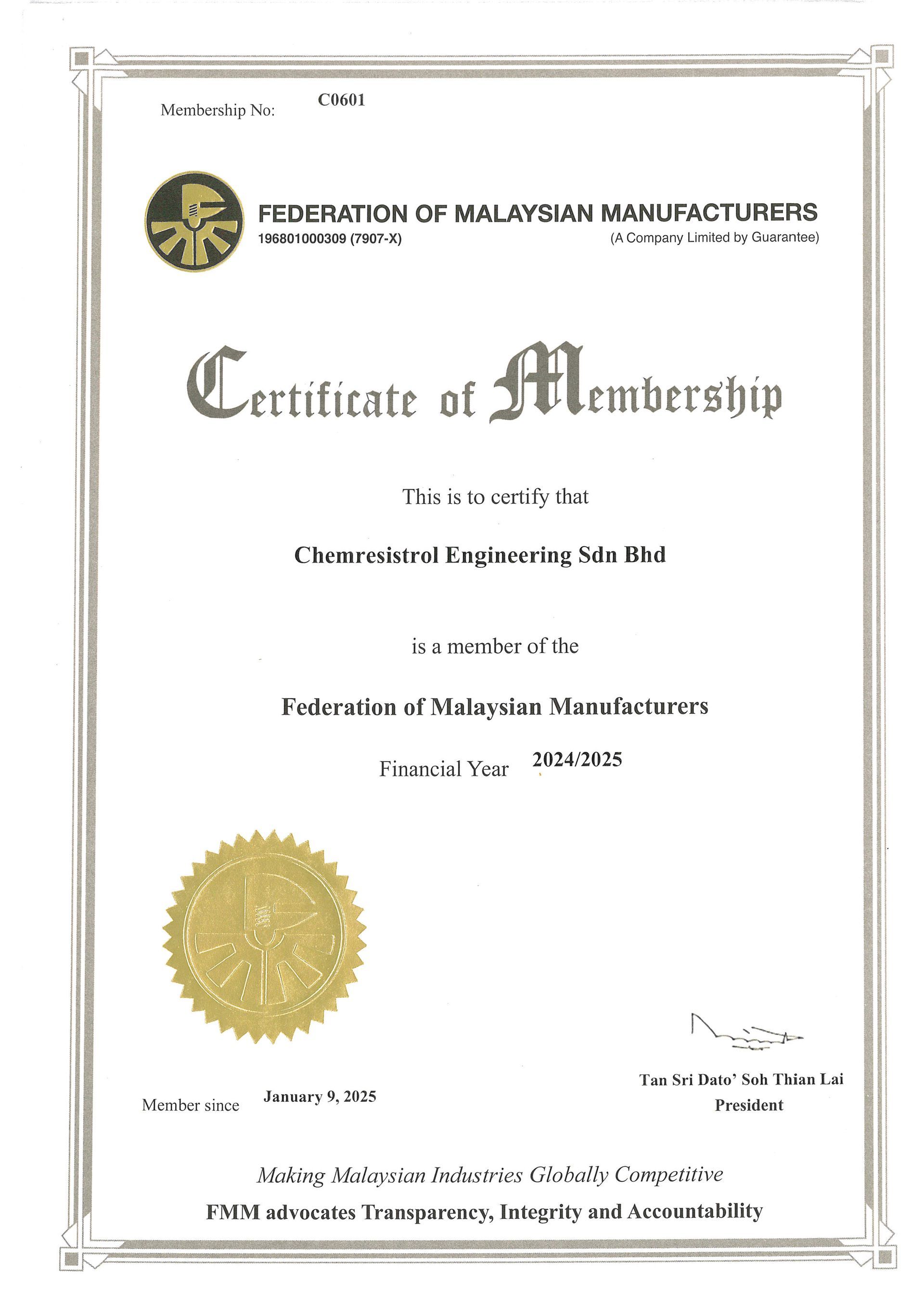 Cert (Federation of Malaysian Manufactured) Chemresistrol Engineering