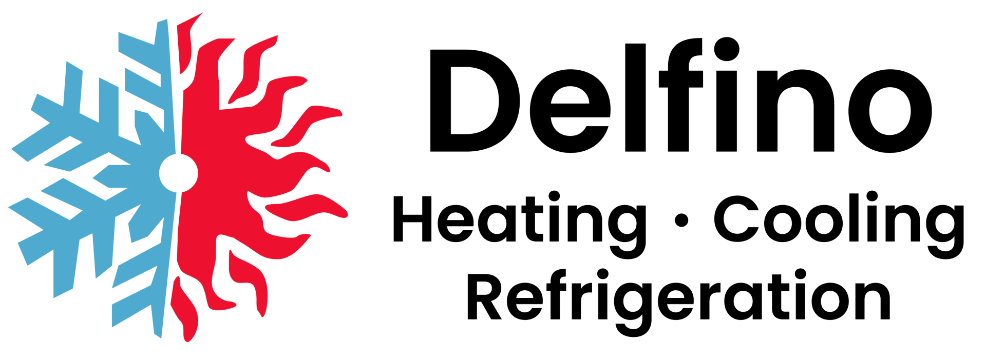 A logo for delfino heating and cooling refrigeration with a snowflake in the middle.