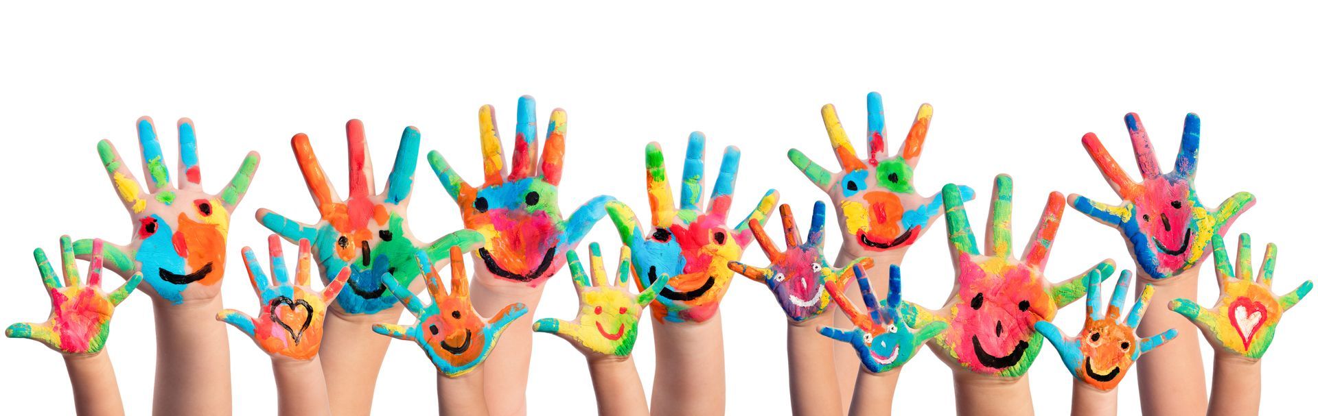 Hands painted with colorful designs, including smiley faces and hearts.