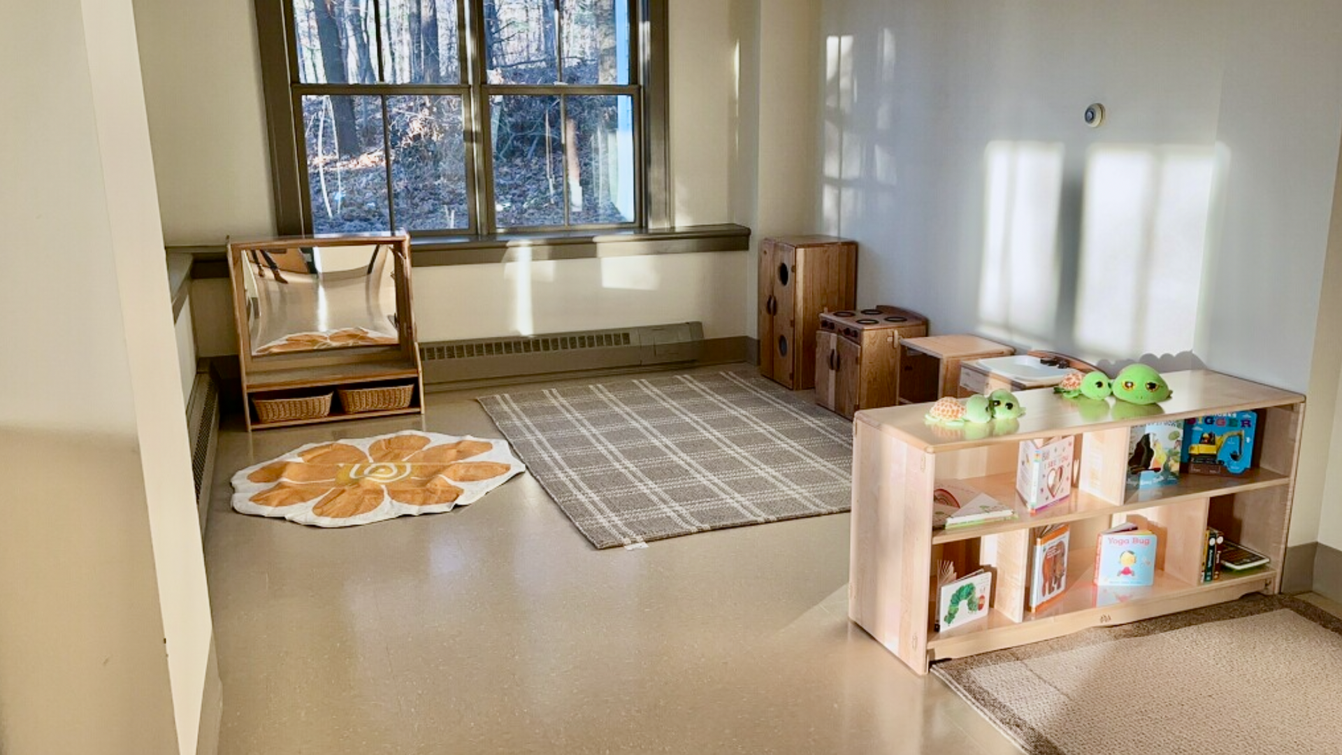 Empty playroom with window, shelves, rugs, and toys.