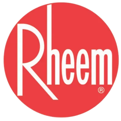 Rheem logo in white on a red circular background