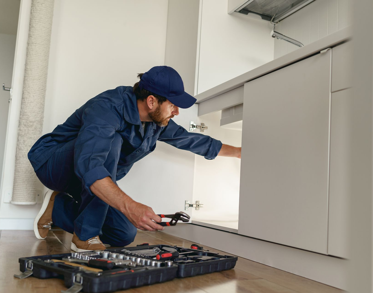 Technician in blue uniform installing a cabinet in a modern kitchen, with tools on the floor.