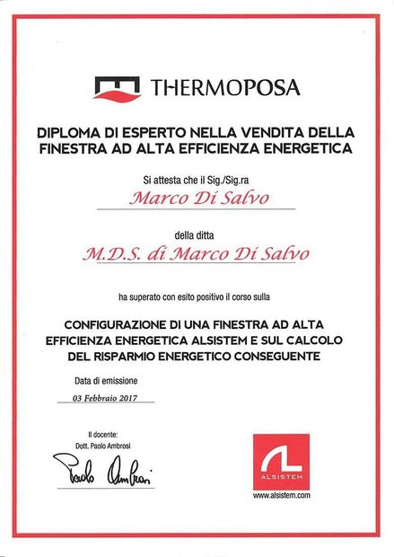 diploma di esperto nella vendita MDS Serramenti