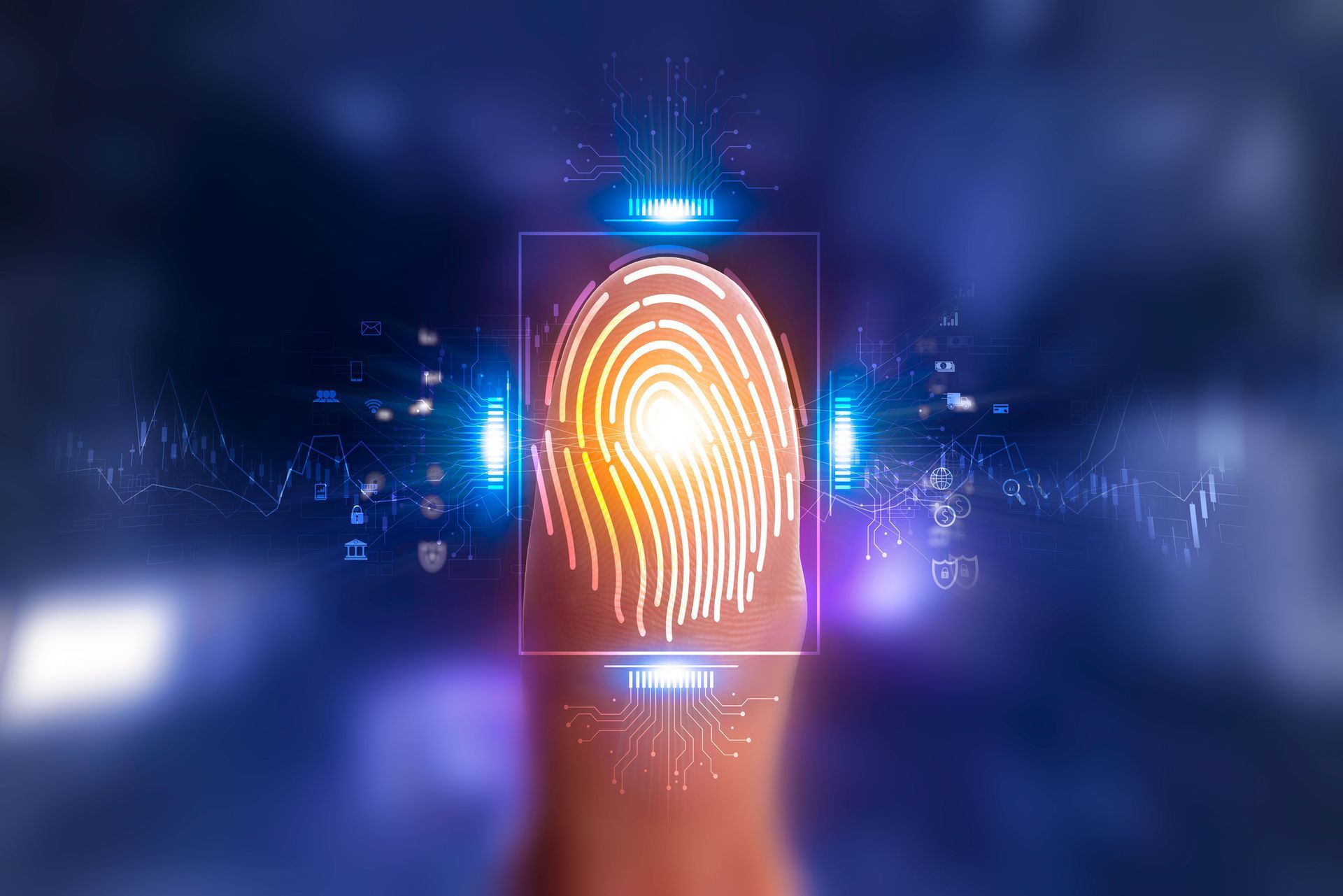A fingerprint is being scanned on a blue background.