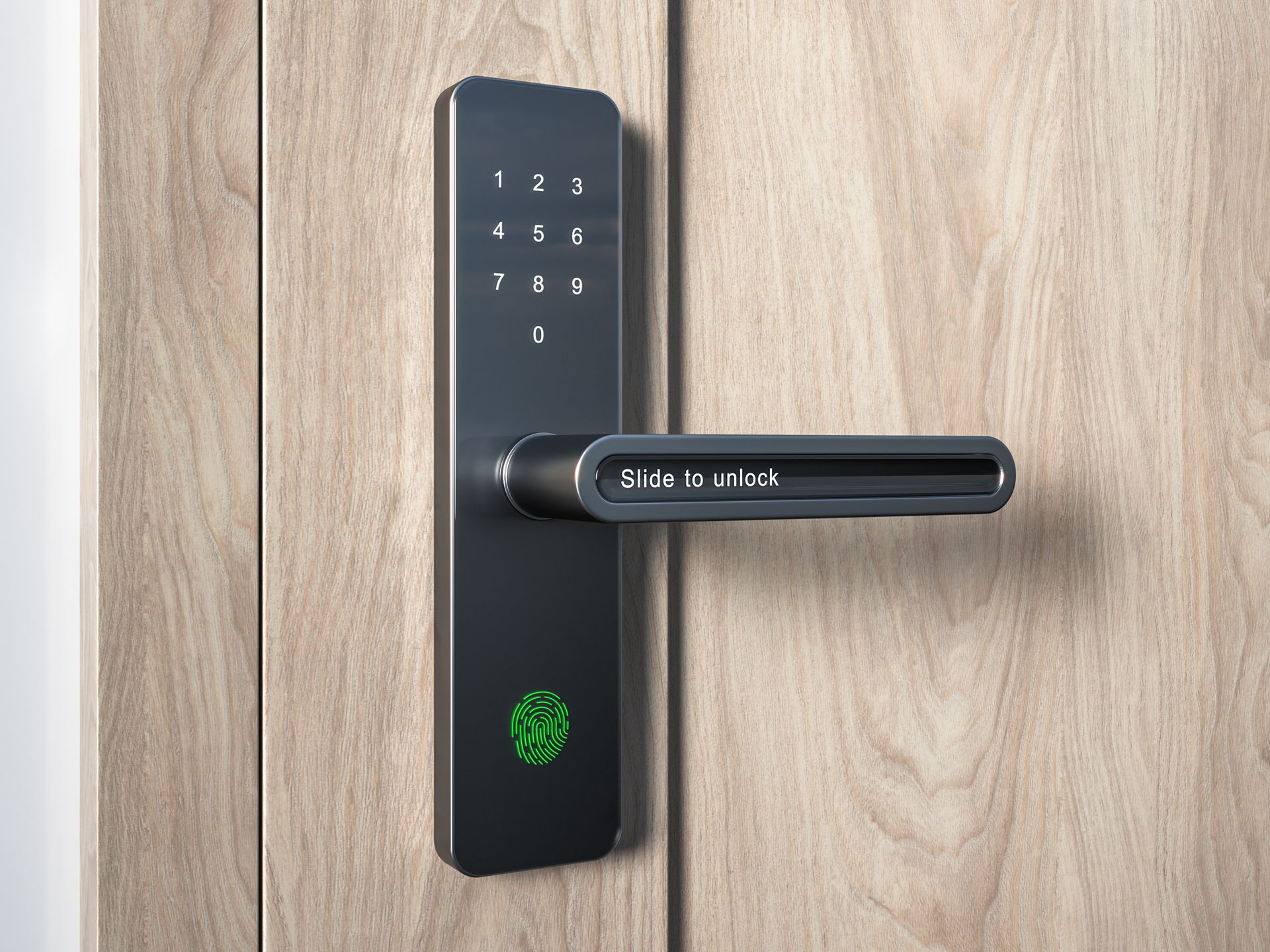 A close up of a door lock on a wooden door.