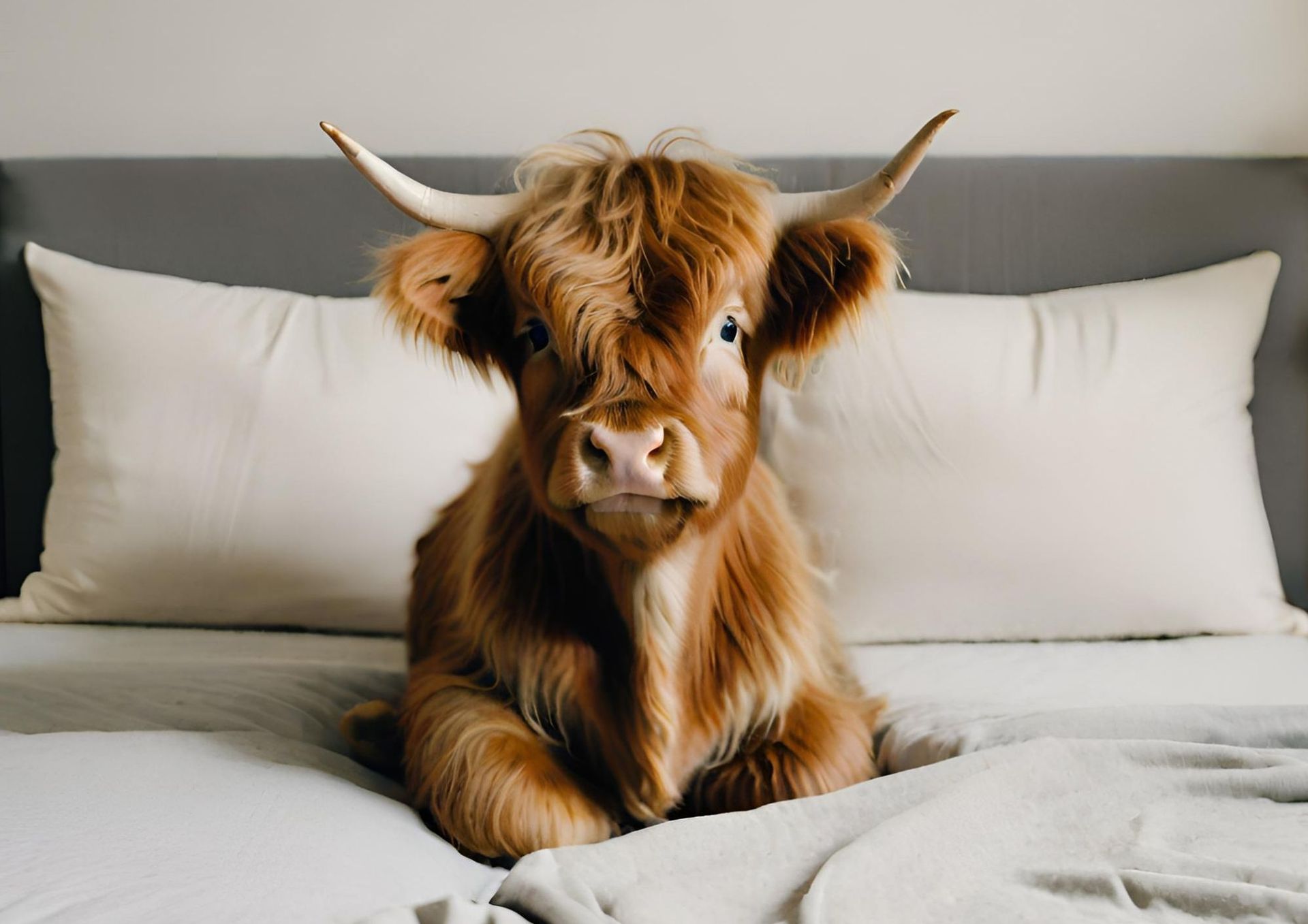 The Highland BlindCraft mascot cow sits on a gray bed with two white pillows. 
