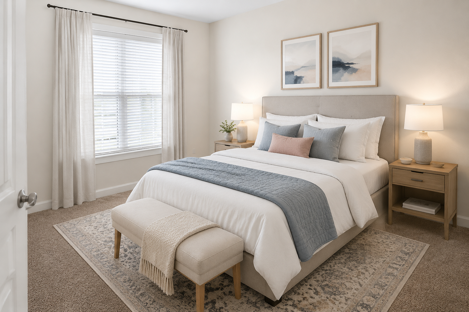 Bright bedroom with a neatly made white bed, gray bench, bedside lamps, and window with curtains