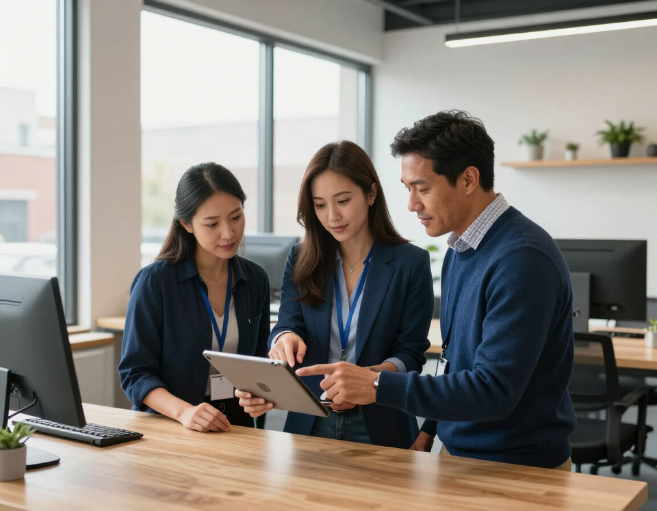 Three coworkers reviewing a tablet in a modern office conference room