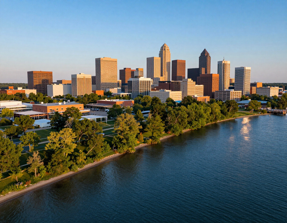 City skyline beside a calm river, with trees and buildings lit by warm sunset light.