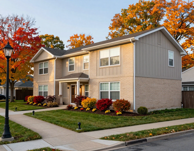 Two-story beige suburban house with autumn trees, a front lawn, and a sidewalk in the foreground