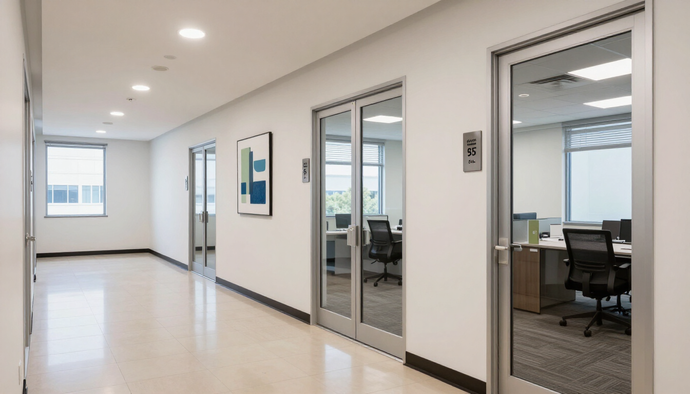 Empty office hallway with glass-walled rooms and bright white walls, carpet, and tile floor