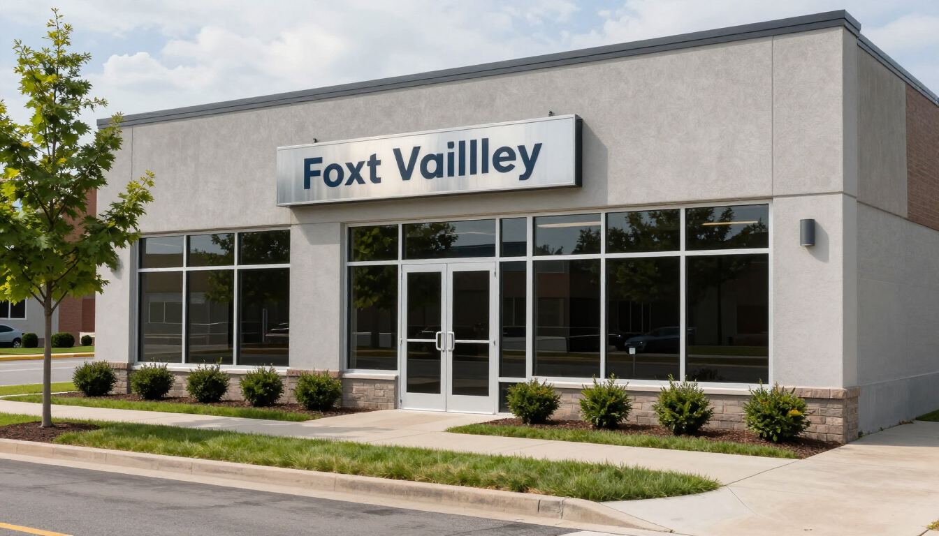 Fox Valley storefront with large windows and glass entrance on a sunny day