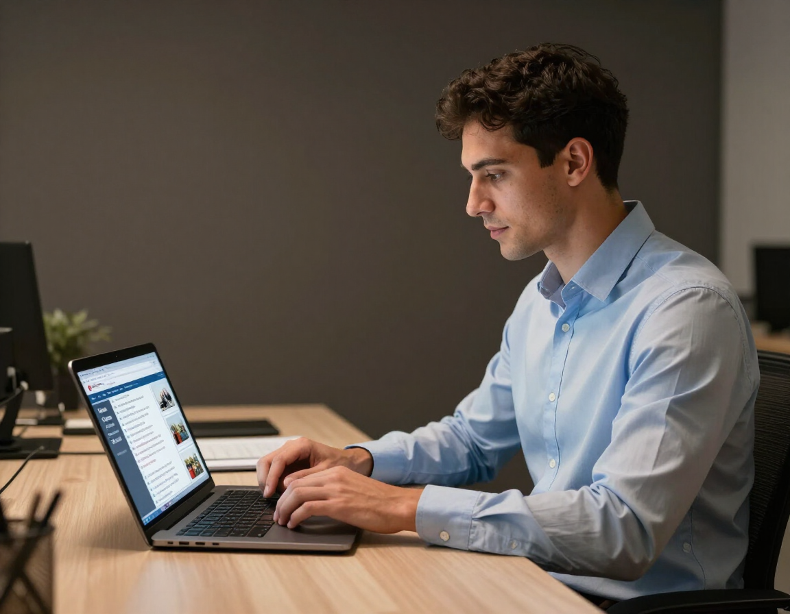 Man in a blue shirt typing on a laptop at a desk in an office