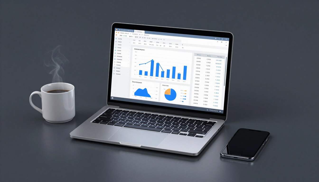 Laptop displaying analytics charts beside a coffee mug and smartphone on a gray desk