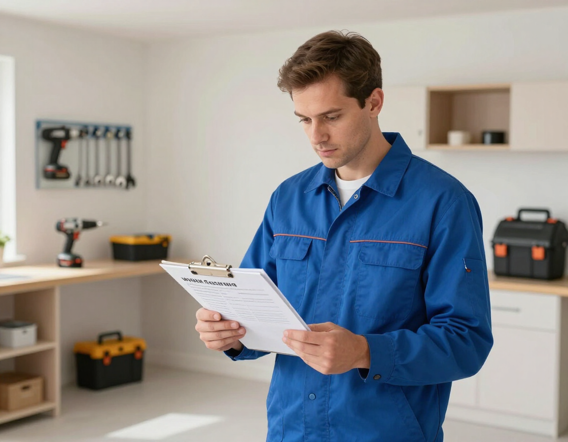 Technician in blue coveralls reviewing a clipboard in a workshop room
