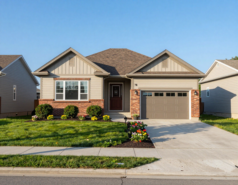 Single-story suburban house with beige siding, brown roof, front lawn, and attached garage under a clear blue sky