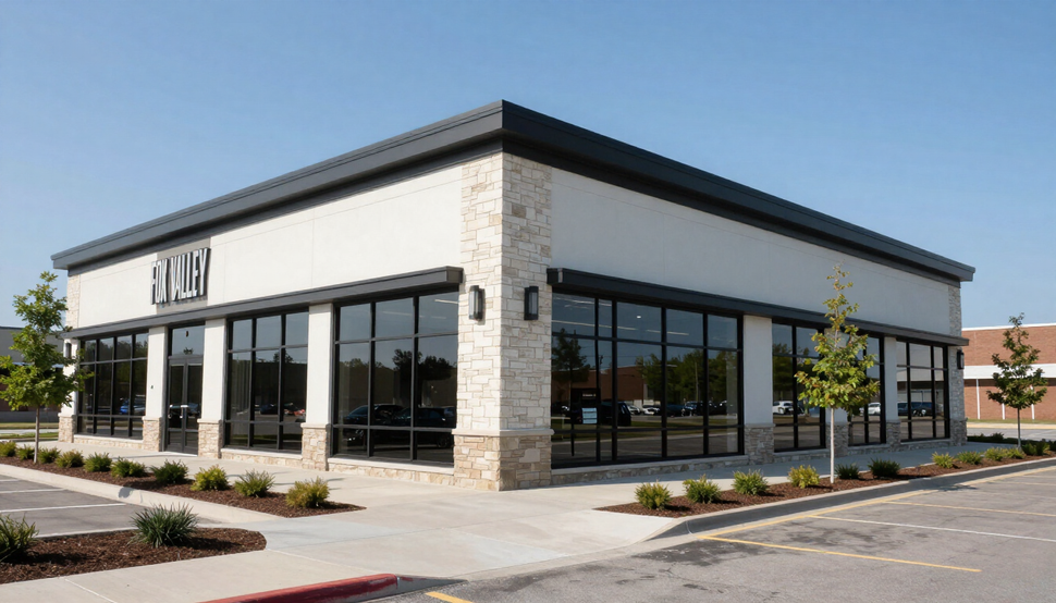 Modern corner retail building with large glass windows, stone exterior, and landscaped parking lot