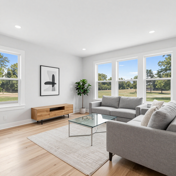 Bright modern living room with gray sectional, glass coffee table, wood TV stand, and large windows