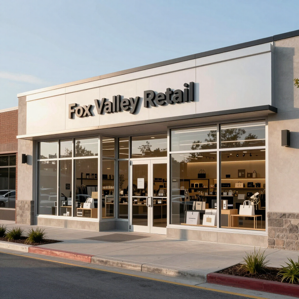 Fox Valley Retail storefront with glass windows and beige facade on a sunny day