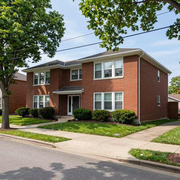 Two-story red brick apartment building with white-trimmed windows and a small front lawn on a quiet street