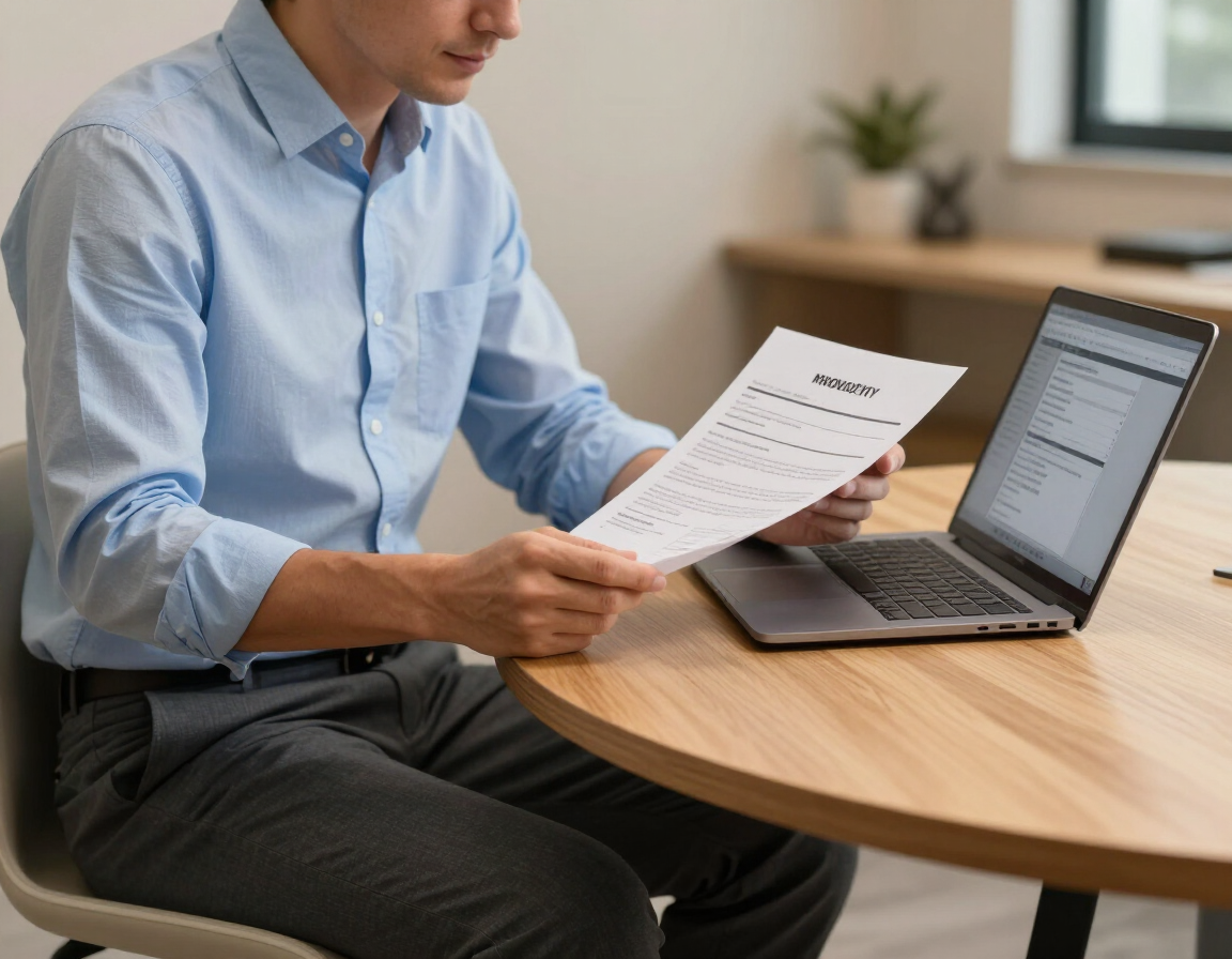 Person reviewing a document beside a laptop at a wooden table in a bright office.
