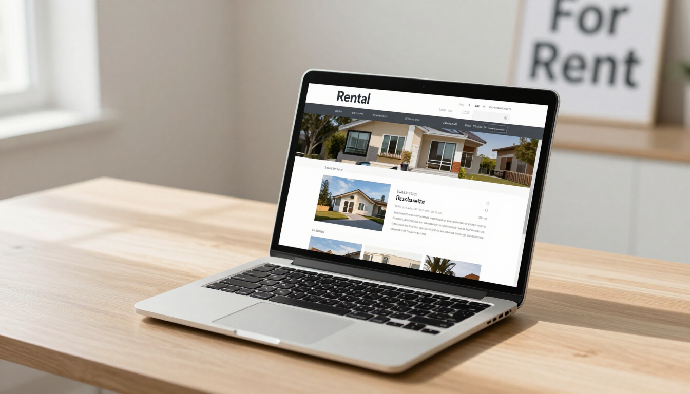 Laptop on a desk displays a real estate website, with a blurred “For Rent” sign in the background.