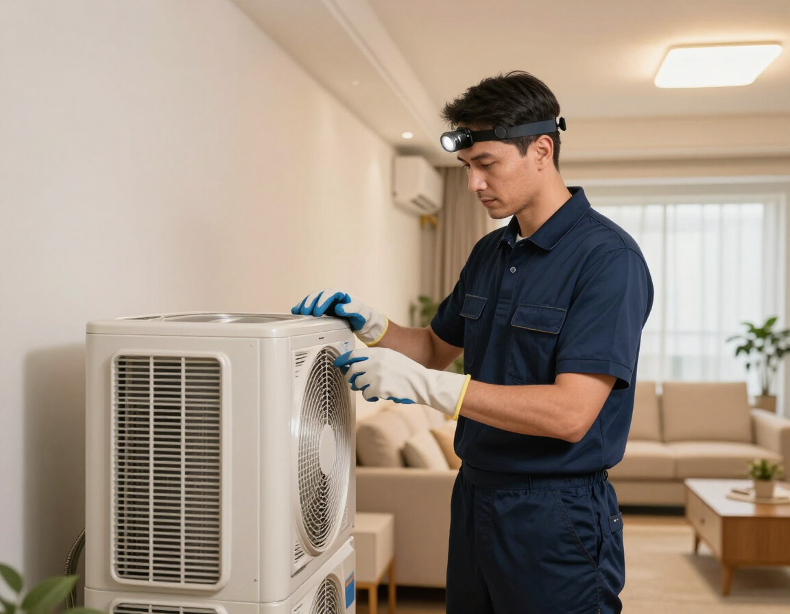 Technician inspecting and repairing an outdoor AC unit in a living room