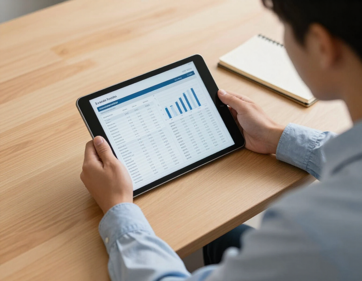 Person using a tablet to view a data dashboard at a wooden desk