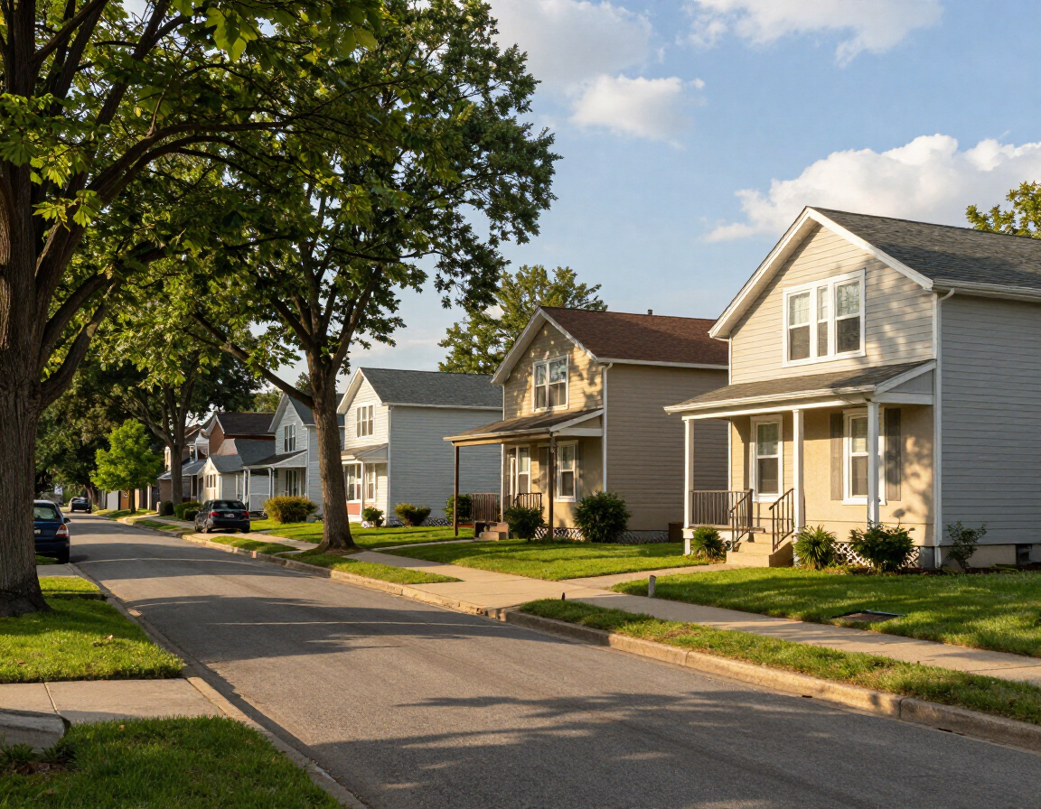 Quiet suburban street with sunlit houses, trees, and a sidewalk on a clear day
