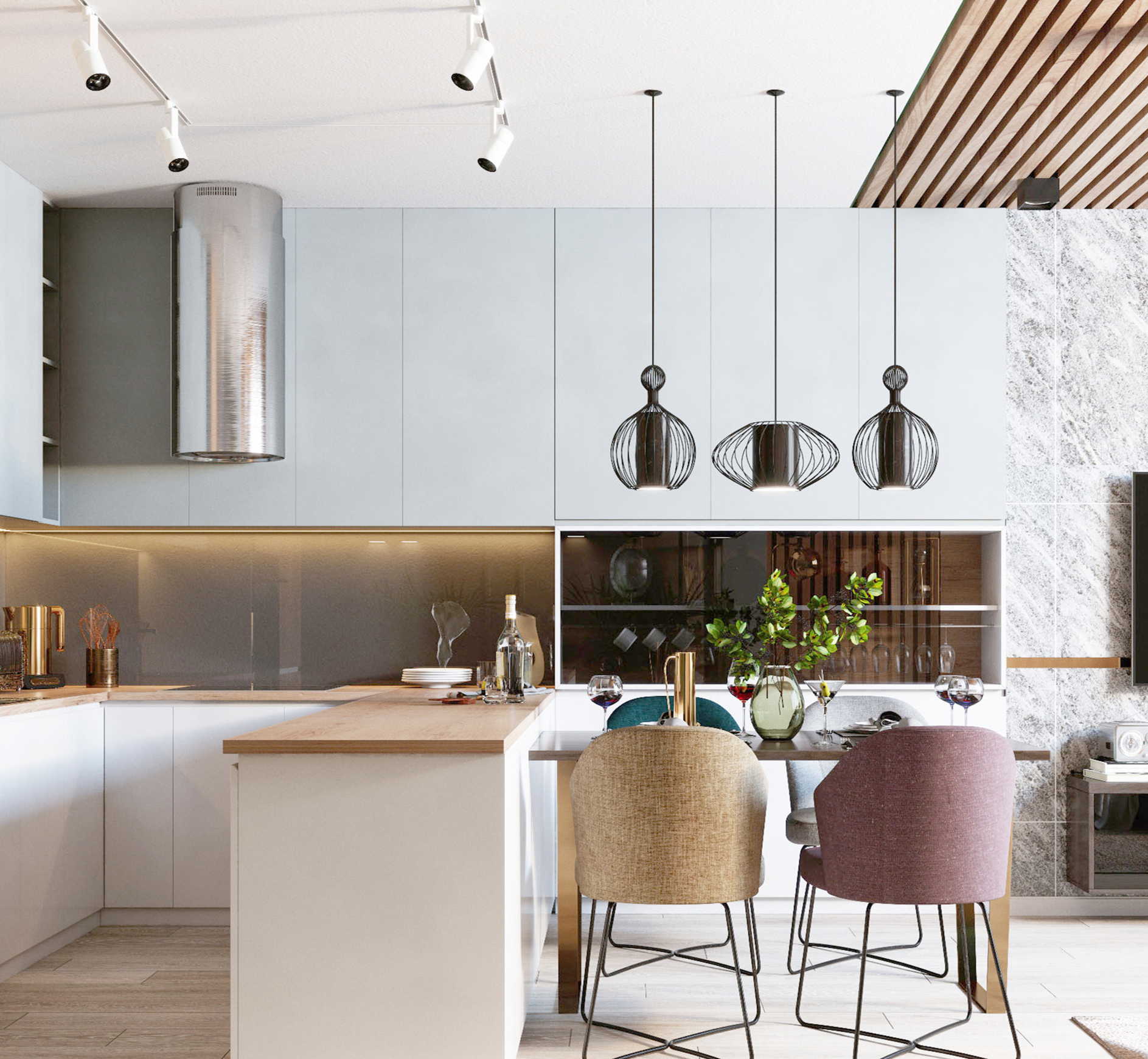 Modern white kitchen and dining area with pendant lights, wood accents, and a table set with chairs