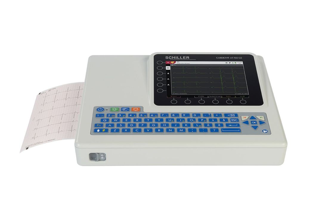 A white ecg machine with a blue keyboard on a white background.