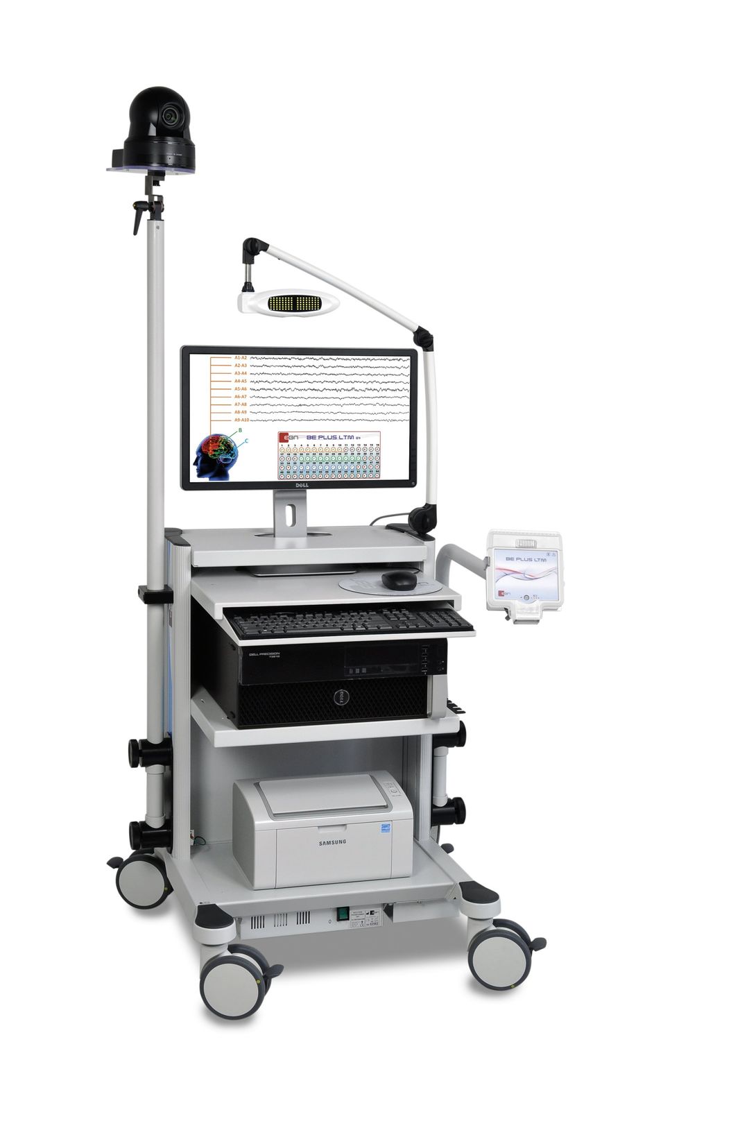 A computer cart with a monitor , keyboard , and printer on it.