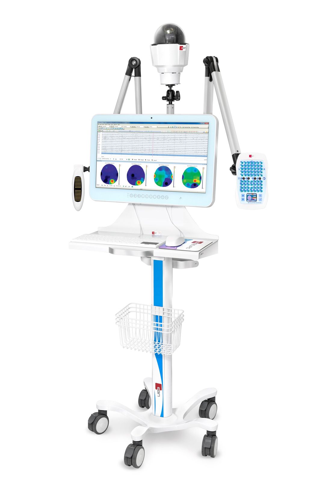 A computer monitor is sitting on top of a cart.