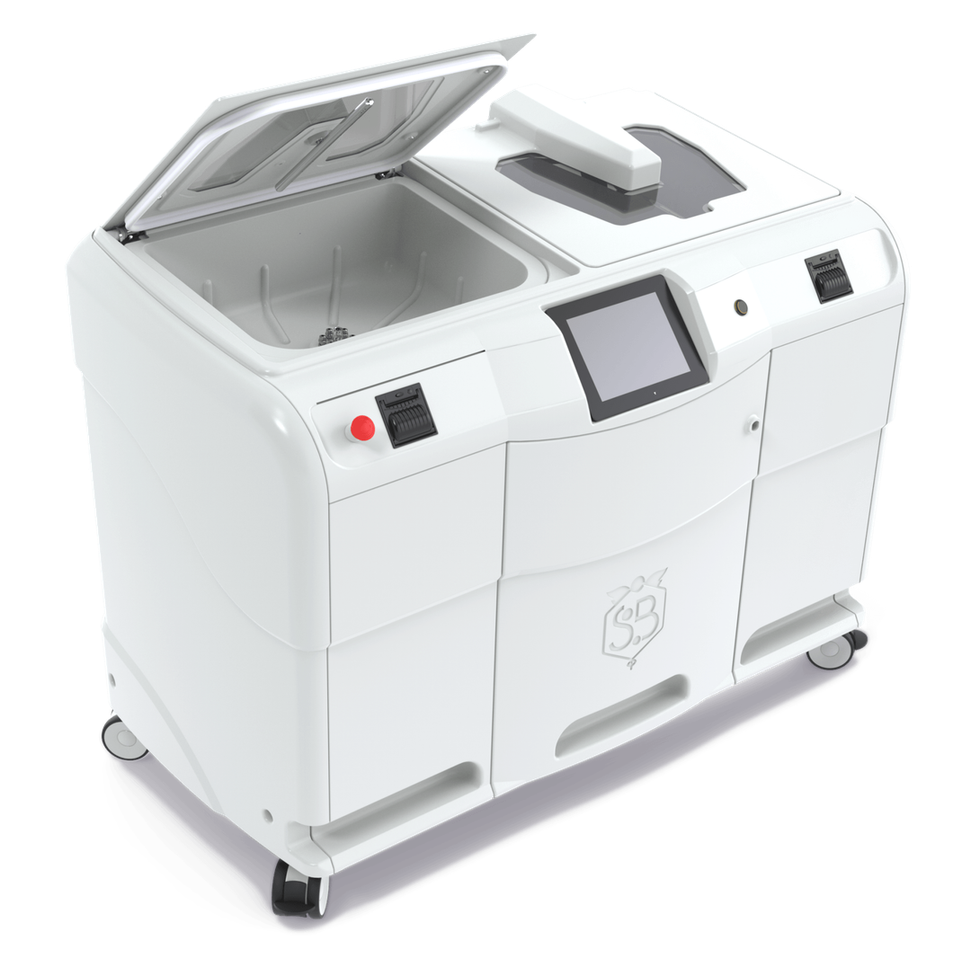 A white machine with the lid open and a screen