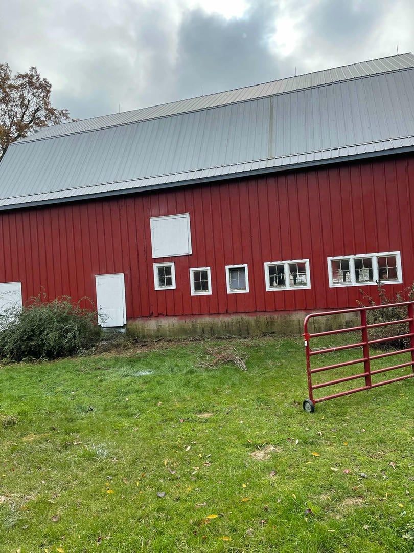 A red barn with a white roof is sitting in the middle of a grassy field.