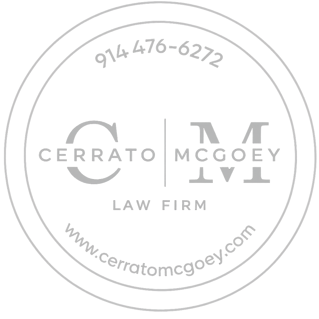 Cerrato McGoey Law Firm circular logo with phone number and website in gray text