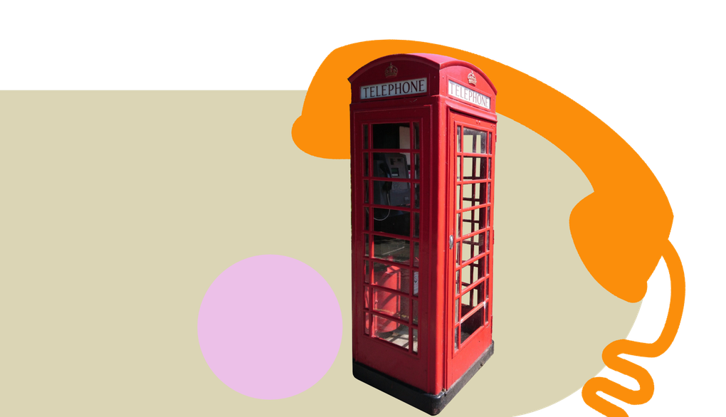 Red British phone booth with orange handset graphic and pink circle on beige background