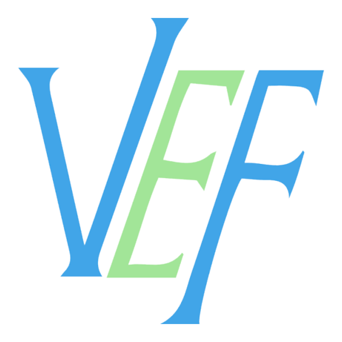 Stylized blue and green “VEF” letters in a logo on a white background