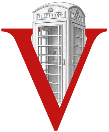 Red V with a gray British telephone booth inside it on a white background