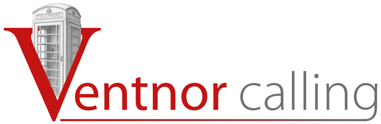 Ventnor Calling logo with red and gray text and a lighthouse graphic